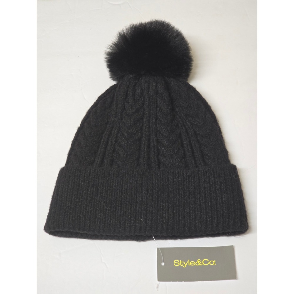Style & Co Black Cable Knit Beanie Faux Fur Pom Pom Hat NWT